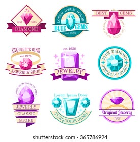 Jewel emblems set with jewelry store and original jewelry symbols flat isolated vector illustration 