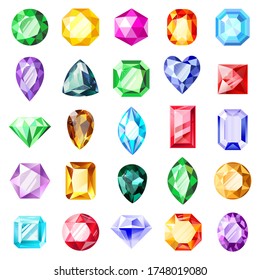 Jewel gemstones. Jewelry crystal gems, diamond jewel precious gemstone, luxury brilliant gems. Crystal jewels vector illustration icons set. Crystal gemstone, jewelry brilliant collection