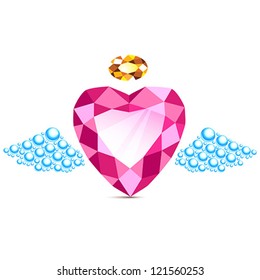 Jewel Heart With Wings From Pearls And Precious Stone As Halo. Isolated Vector Illustration.