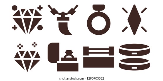  jewel icon set. 8 filled jewel icons. Simple modern icons about  - Diamond, Ring, Necklace, Bracelet