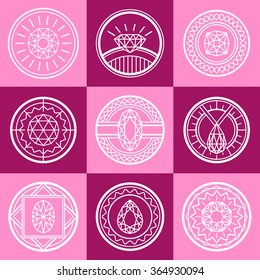 Jewel line square pink logo set with diamonds flat isolated vector illustration 