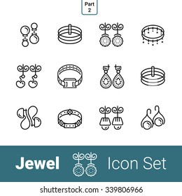 Jewel outline thin modern stylish icon set of 12 icons. Part 2 - earrings and bracelets . EPS 10.
