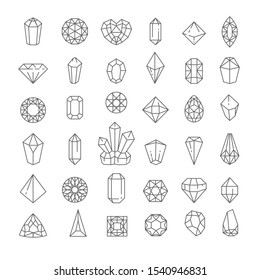 Jewel Quartz Or Crystal Isolated Linear Icon Vector. Treasure Gems, Mineral Outline Signs, Ruby And Sapphire, Topaz And Emerald. Amethyst, Diamond And Brilliant, Heart And Rhombus Or Pyramid Shape