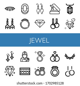 jewel simple icons set. Contains such icons as Necklace, Earrings, Ring, Bracelet, Diamond, Wedding ring, Rings, Gem, Miner, Diamond ring, can be used for web, mobile and logo