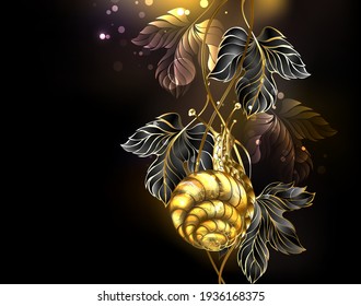 Jeweled, detailed, golden snail crawls up black grape leaves on black background. Gold snail.