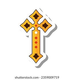 Jeweled golden crucifix symbol of Christian faith. Mystical religious signs and symbols, objects of cult worship concept. Flat paper sticker isolated on white background