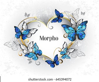 Jeweled  golden heart and blue   white realistic butterflies morpho 