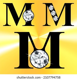 Jeweled M logo, gemstone styled letters, vector illustration.  Gem stoned figures from A to Z and zero to nine logos. Brilliant the letter M with gem.
