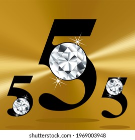 Jeweled numbers, gemstone styled numbers, vector illustration.  Gemstoned figures from zero to nine. Five logo with gem.
