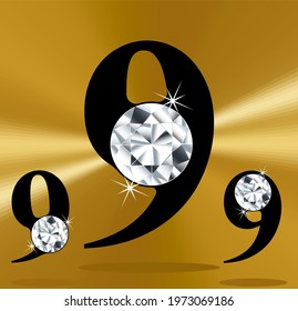 Jeweled numbers, gemstone styled numbers, vector illustration.  Gemstone figures from zero to nine, collection. Number Nine logo with gem.
