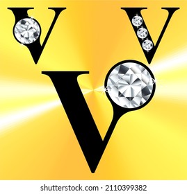 Jeweled V logo, gemstone styled letters, vector illustration.  Gem stoned figures from A to Z and zero to nine logos. Brilliant the letter V with gem.
