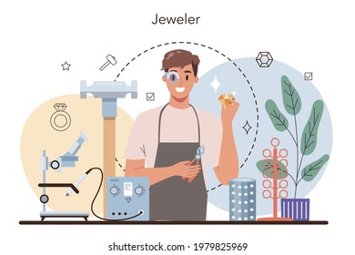 Jeweler concept. Goldsmith examining and faceting diamond with a craft tools. Precious stones jewelry designer. Idea of creative people and profession.Vector illustration