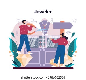 Jeweler concept. Goldsmith examining and faceting diamond with a craft tools. Precious stones jewelry designer. Idea of creative people and profession.Vector illustration