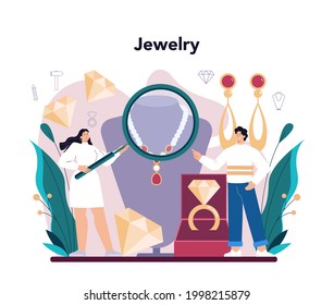 Jeweler concept. Goldsmith examining and faceting diamond with a craft tools. Precious stones jewelry designer. Idea of creative people and profession.Vector illustration