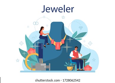 Jeweler concept illustration. Idea of creative people and profession. Jeweler examining faceted diamond in workplace. Person working with precious stones. Vector illustration