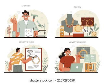 Jeweler concept set. Precious stones jewelry designer. Expensive handmade finery. Goldsmith examining and faceting diamond with a craft tools. Flat vector illustration