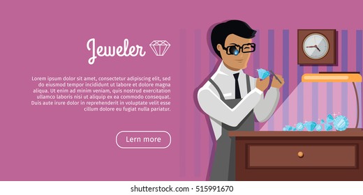 Jeweler during the evaluation of jewels. Young jeweler glasses examines faceted diamond in workplace in the lamplight flat style. Occupation person to work with precious stones. Vector illustration