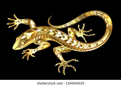 Jeweler, golden, shiny lizard on black background.
