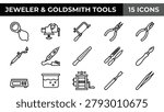 Jeweler and Goldsmith Tools Icon Set: Magnifier, Vise, Saw, Pliers, Torch, Drill, File, Scalpel