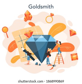 Jeweler and jewelry concept. Idea of creative people and profession. Jeweler examining faceted diamond in workplace. Person working with precious stones. Vector illustration