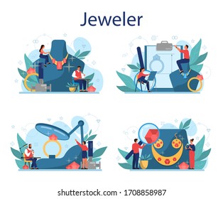 Jeweler and jewelry concept illustration. Idea of creative people and profession. Jeweler examining faceted diamond in workplace. Person working with precious stones. Vector illustration