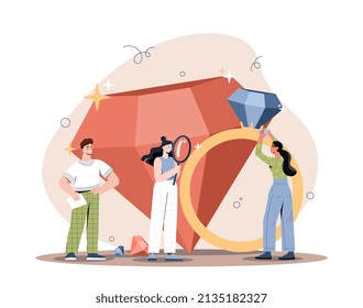 Jeweler and jewelry concept. Man and girl studying diamond ring with magnifying glass. Characters evaluating fineness of gold. Research and teamwork metaphor. Cartoon flat vector illustration