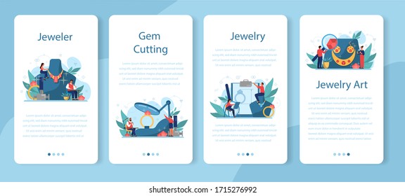 Jeweler and jewelry mobile application banner set. Idea of creative people and profession. Jeweler examining faceted diamond in workplace. Person working with precious stones. Vector illustration
