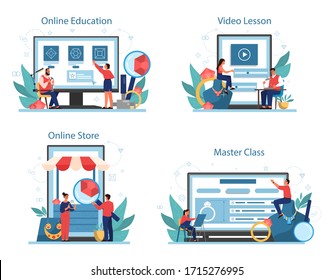 Jeweler and jewelry online service or platform on differernt device concept set. Person working with precious stones. Online store, education, master class and video lesson. Vector illustration