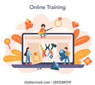 Jeweler and jewelry online service or platform. Idea of creative people and profession. Jeweler examining faceted diamond. Online training. Vector illustration
