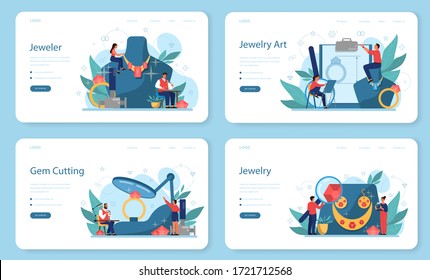 Jeweler and jewelry web banner or landing page set. Idea of creative people and profession. Jeweler examining faceted diamond in workplace. Person working with precious stones. Vector illustration