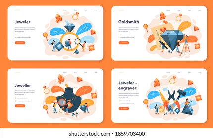 Banner web de joyería y joyería o página de inicio. Idea de gente creativa y profesión. Joyera examinando diamantes facéticos en el lugar de trabajo. Persona trabajando con piedras preciosas. Ilustración del vector