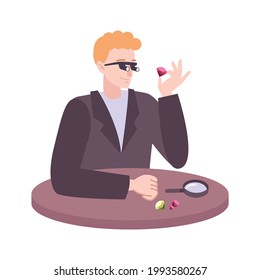 Jeweler looking at gemstones with magnifying glass flat vector illustration
