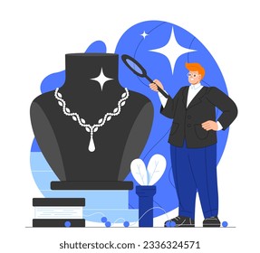 Jeweler with magnifying glass concept. Man with magnifying glass examines necklace on mannequin. Wealth and luxury. Aesthetics and elegance. Jewelry and accessories. Cartoon flat vector illustration
