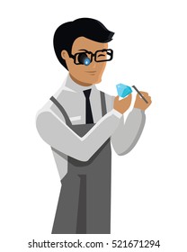 Jeweler man examines the diamond isolated on white. Young jeweler in glasses examines faceted diamond in workplace. Flat style design. Occupation person to work with precious stones. Vector