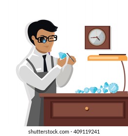Jeweler man examines the diamond. Young jeweler glasses examines faceted diamond in the workplace in the lamplight flat style. Occupation person to work with precious stones. Vector illustration