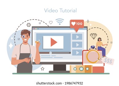 Jeweler online service or platform. Goldsmith examining and faceting diamond with a craft tools. Precious stones jewelry designer. Video tutorial. Vector flat illustration