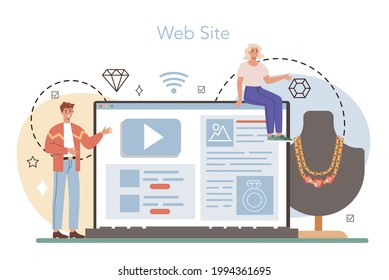Jeweler online service or platform. Goldsmith examining and faceting diamond with a craft tools. Precious stones jewelry designer. Website. Vector flat illustration