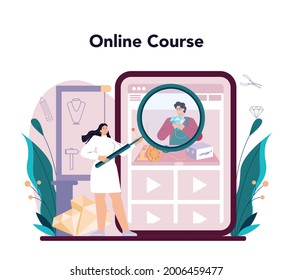 Jeweler online service or platform. Goldsmith examining and faceting diamond with a craft tools. Precious stones jewelry designer. Online course. Vector illustration