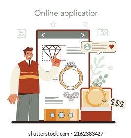 Jeweler online service or platform. Precious stones jewelry designer. Goldsmith faceting diamond with a craft tools. Online application. Flat vector illustration