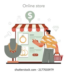 Jeweler online service or platform. Precious stones jewelry designer. Goldsmith faceting diamond with a craft tools. Online store. Flat vector illustration