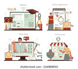 Jeweler online service or platform set. Precious stones jewelry designer. Goldsmith faceting diamond with a craft tools. Online store, application, video blog, website. Flat vector illustration