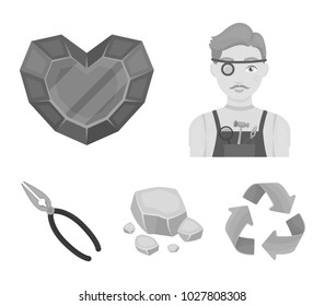 Jeweler, pliers, gold ore, garnet in the form of heart. Precious minerals and jeweler set collection icons in monochrome style vector symbol stock illustration web.