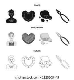 Jeweler, pliers, gold ore, garnet in the form of heart. Precious minerals and jeweler set collection icons in black,monochrome,outline style vector symbol stock illustration web.