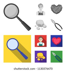 Jeweler, pliers, gold ore, garnet in the form of heart. Precious minerals and jeweler set collection icons in monochrome,flat style vector symbol stock illustration web.