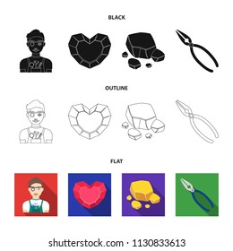 Jeweler, pliers, gold ore, garnet in the form of heart. Precious minerals and jeweler set collection icons in black,flat,outline style vector symbol stock illustration web.