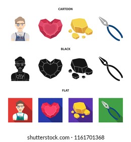 Jeweler, pliers, gold ore, garnet in the form of heart. Precious minerals and jeweler set collection icons in cartoon,black,flat style vector symbol stock illustration web.