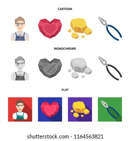 Jeweler, pliers, gold ore, garnet in the form of heart. Precious minerals and jeweler set collection icons in cartoon,flat,monochrome style vector symbol stock illustration web.