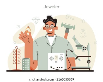 Joyera. Diseñador de joyas de piedras preciosas. Costoso cerezo hecho a mano. El orfebre examinando y faceteando diamantes con herramientas artesanales. Ilustración vectorial plana