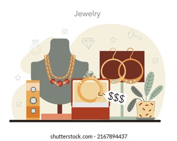 Jeweler. Precious stones jewelry designer. Expensive handmade finery. Goldsmith examining and faceting diamond with a craft tools. Flat vector illustration