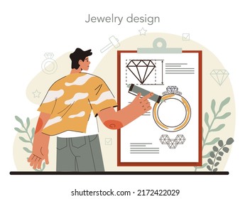 Jeweler. Precious stones jewelry designer. Expensive handmade finery. Goldsmith examining and faceting diamond with a craft tools. Flat vector illustration